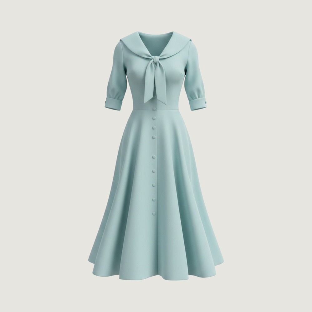 Vintage 50s Seafoam Blue Portrait Collar Dress. Bow Tulle Crinoline Fair